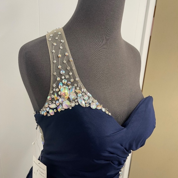 Val Stefani Prom Navy Blue One Shoulder Beaded Mesh Cutout Gown Size 6 Formal - Picture 11 of 13